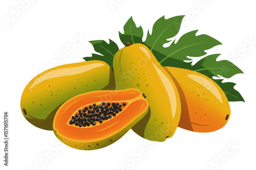 Captivating papaya arrangement design featuring ripe fruits and lush leaves, ideal for tropical themes and healthy food marketing.