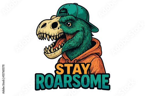 Dinosaur wearing a cap and hoodie with a playful message at a street art festival