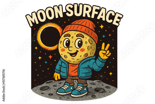 Cartoon character celebrating on the moon surface during a solar eclipse with a playful pose and cozy attire