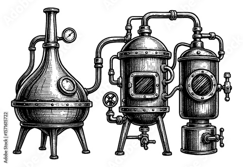 Engraved Illustration of a Distillery Still for Alcohol Production in Detailed Black and White