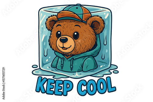 Cute bear character in ice cube wearing a hoodie and cap promoting a chill vibe during summer