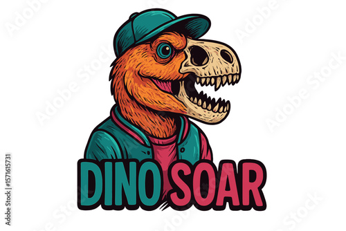 Colorful dinosaur character wearing a cap and jacket with a playful expression, showcasing a fun design concept