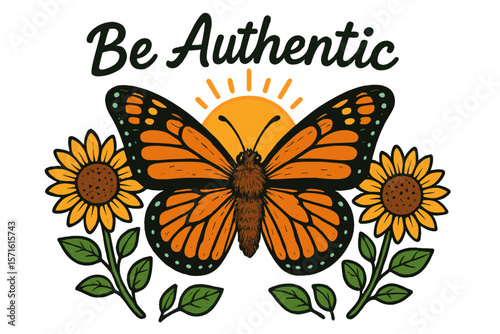 Symbol of authenticity featuring a butterfly and sun with sunflowers in a vibrant design