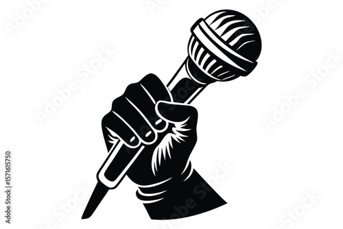 Graphic of a Hand Holding a Microphone in Black and White Illustration Style