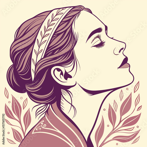 Woman Profile Portrait Purple Hair Floral Headband