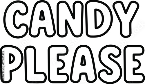 The words candy please in a rounded outline font on a white background