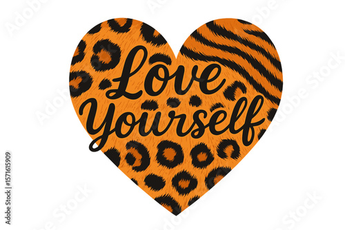 Heart-shaped design featuring leopard and tiger patterns with the phrase Love Yourself in an artistic font