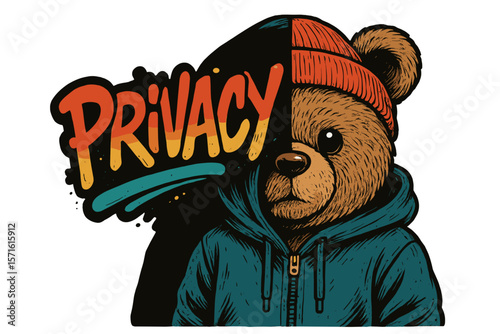 Artistic bear illustration expressing privacy concept in bold colors with streetwear style