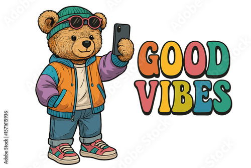 Playful bear takes a selfie while wearing stylish outfit and colorful sunglasses in a cheerful setting