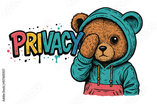 Bear character in a hoodie showing a playful gesture while promoting privacy in a colorful design