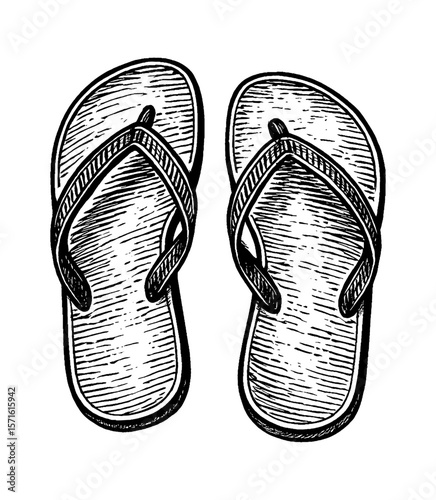 Two Flip Flops Facing Forward in Detailed Black and White Engrave Style Illustration