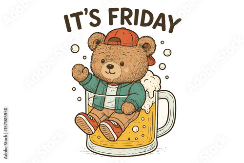 Cute bear celebrating Friday with a frothy beer in a mug wearing a cap