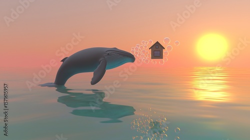 Whale blowing bubbles shaped like houses above a pastel ocean during golden hour