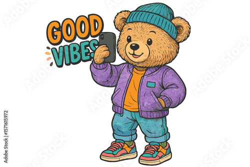 Cute bear character taking selfies with a smartphone, showcasing a fun and playful vibe in a vibrant urban setting during the daytime