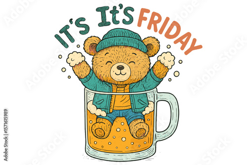 Cute bear celebrating Friday in a mug of beer with cheerful expression and cozy attire