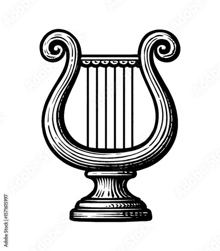 Elegant Black and White Line Art Illustration of a Classic Lyre Instrument