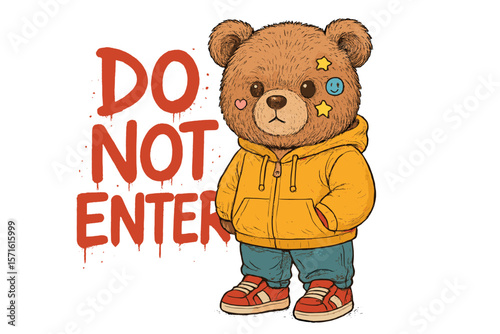 Cute bear character stands in casual outfit with a striking sign in the background indicating space is restricted