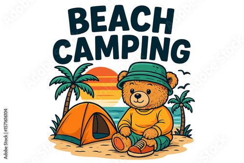 Cute bear enjoying beach camping with palm trees and sunset