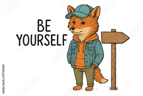 Cute fox character promoting self-acceptance in casual attire and a cap with a directional sign nearby