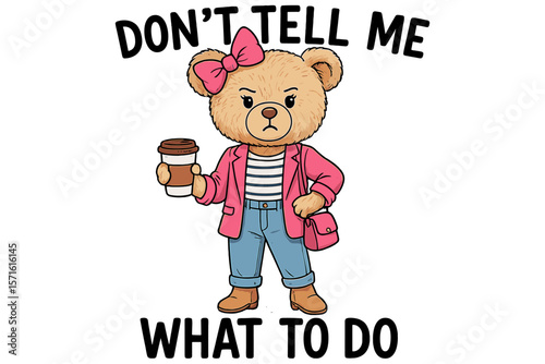Stylish bear with coffee displaying confident attitude in casual outfit at a lively urban setting