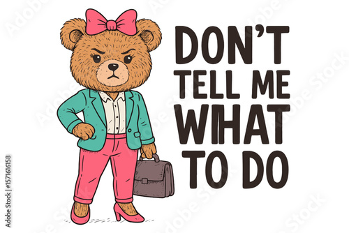 Stylish bear character with confident expression and business attire boldly expressing independence in a playful illustration