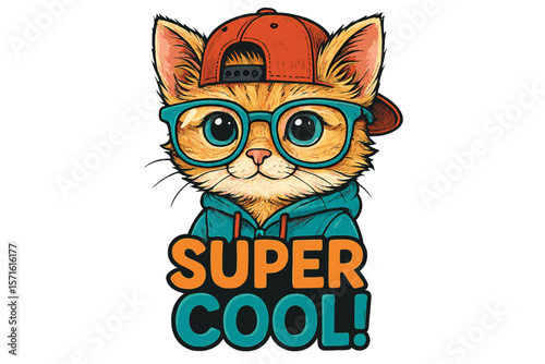 Cool cartoon cat wearing glasses and a cap with a vibrant Super Cool! text design