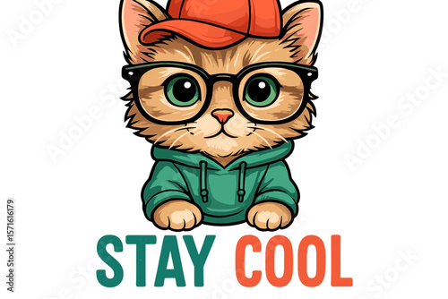 Cute cat wearing glasses and a cap promotes a playful message in a colorful design on a white background