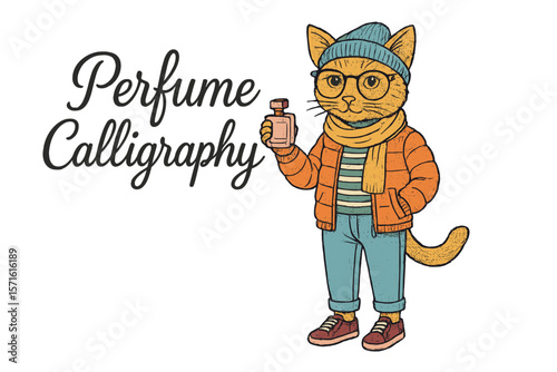 Cat wearing glasses and a scarf holds perfume bottle while showcasing calligraphy art in a creative setting