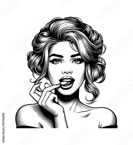 Seductive Woman with Finger on Lip in Engraving Style Portrait, Black and White Art
