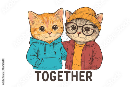 Two adorable cats dressed in colorful outfits showcasing friendship and togetherness in a playful and charming illustration