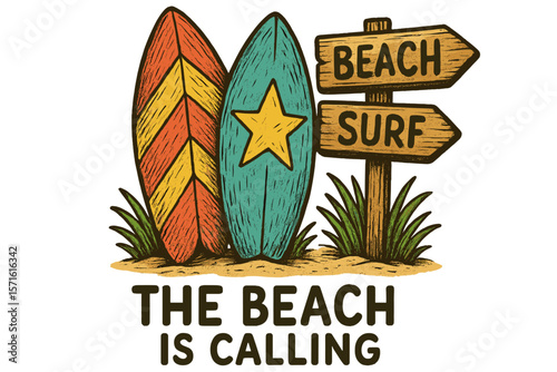 Beach surf sign and colorful surfboards invite adventure at the seaside during sunny weather