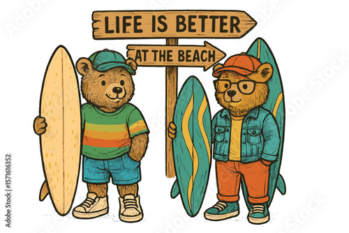 Two cartoon bears holding surfboards near a signpost with a beach-themed message in a colorful and playful environment