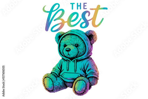 Colorful teddy bear wearing a hoodie displays playful charm and positive vibes in an artistic design for everyone to enjoy