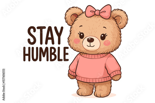 Cute bear character in a pink sweater promotes kindness with a stay humble message for children