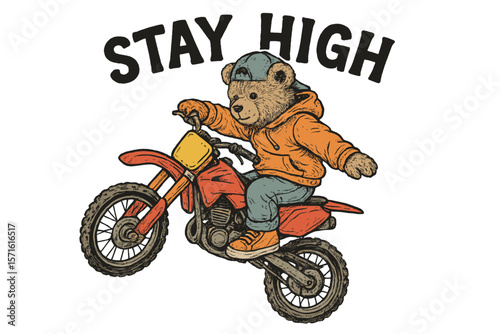 Cartoon bear riding a dirt bike while wearing a hoodie and cap, playfully showcasing its stunts outdoors