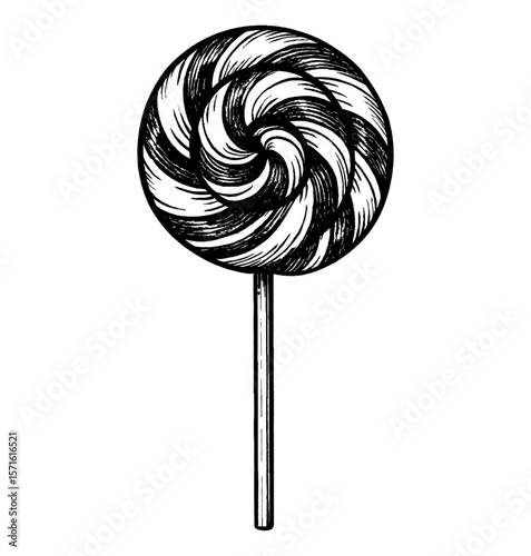 Black and White Hand Drawn Lollipop Illustration with Swirls on a Stick, Sweet Treat
