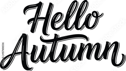 A stylized black and white hello autumn greeting on a plain white background