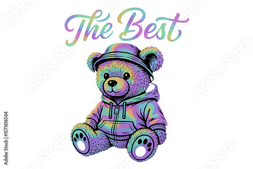 Colorful cartoon bear wearing a hoodie with the phrase The Best above it for creative design inspiration