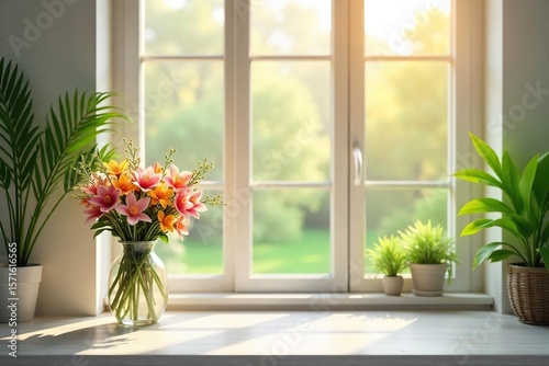 Sunlit Room with Fresh Flowers, Green Plants, and Open Windows Airy, Clean, and Fresh Spring Home Decor
