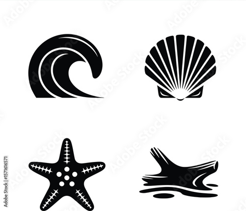Coastal Elements and Ocean Life Silhouette Collection