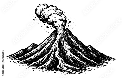 Illustration of an Erupting Volcano with Smoke in Engrave Black and White Style
