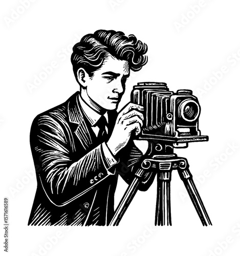 Man in Suit Adjusting Vintage Camera on Tripod in Detailed Black and White Line Art