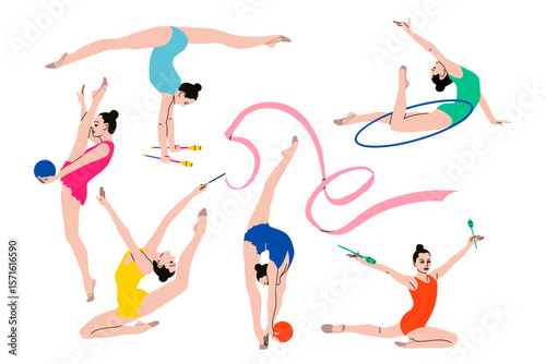 Vector set with gymnasts. Young women with clubs, hoop, ribbon and ball perform elements and exercises