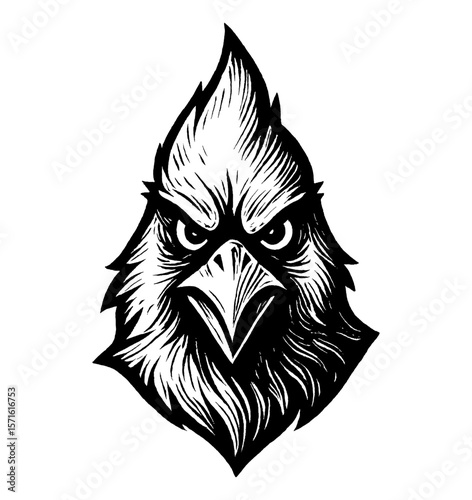 Detailed Black and White Engraving of a Cardinal Bird Head with Sharp Eyes and Detailed Feathers