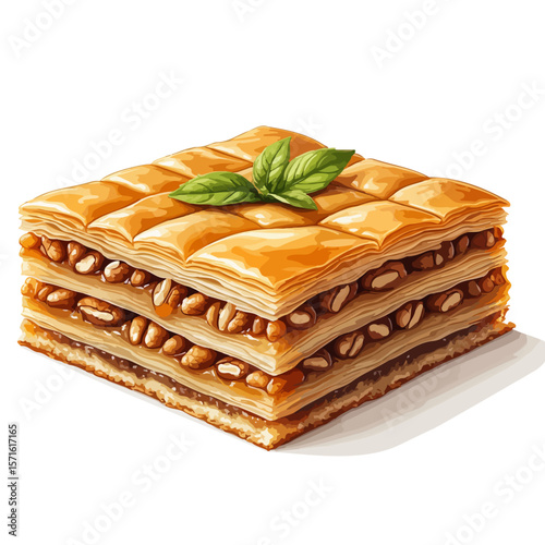 Baklava dessert with nuts and mint leaves on transparent background