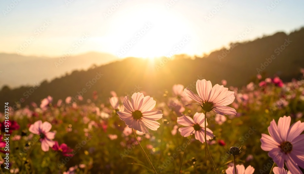 Fototapeta premium Sunrise over a cosmos flower field