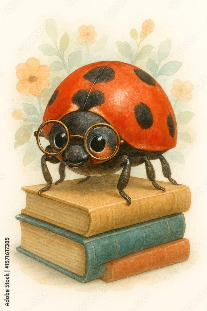 Fototapeta premium Charming Ladybug with Glasses Sitting on Books and Smiling