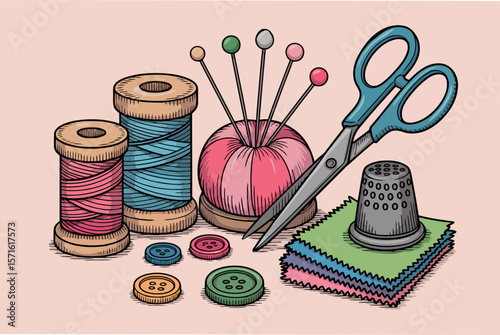 a comprehensive set of sewing tools and materials, including multiple spools of thread, a pincushion, scissors, a thimble, fabric scraps, and several buttons, all in a clear, hand-drawn style with sof