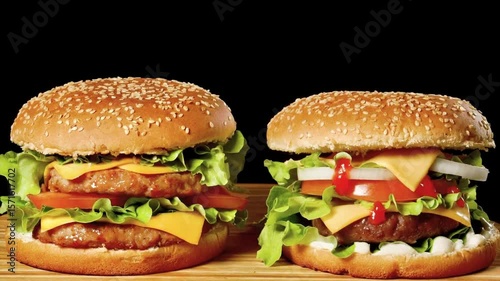 Delicious burgers with cheese tomato and lettuce on a wooden surface