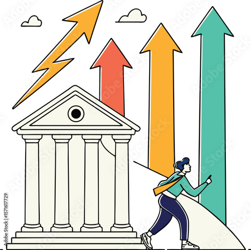 Illustration of financial growth with bank building and upward trending arrows design